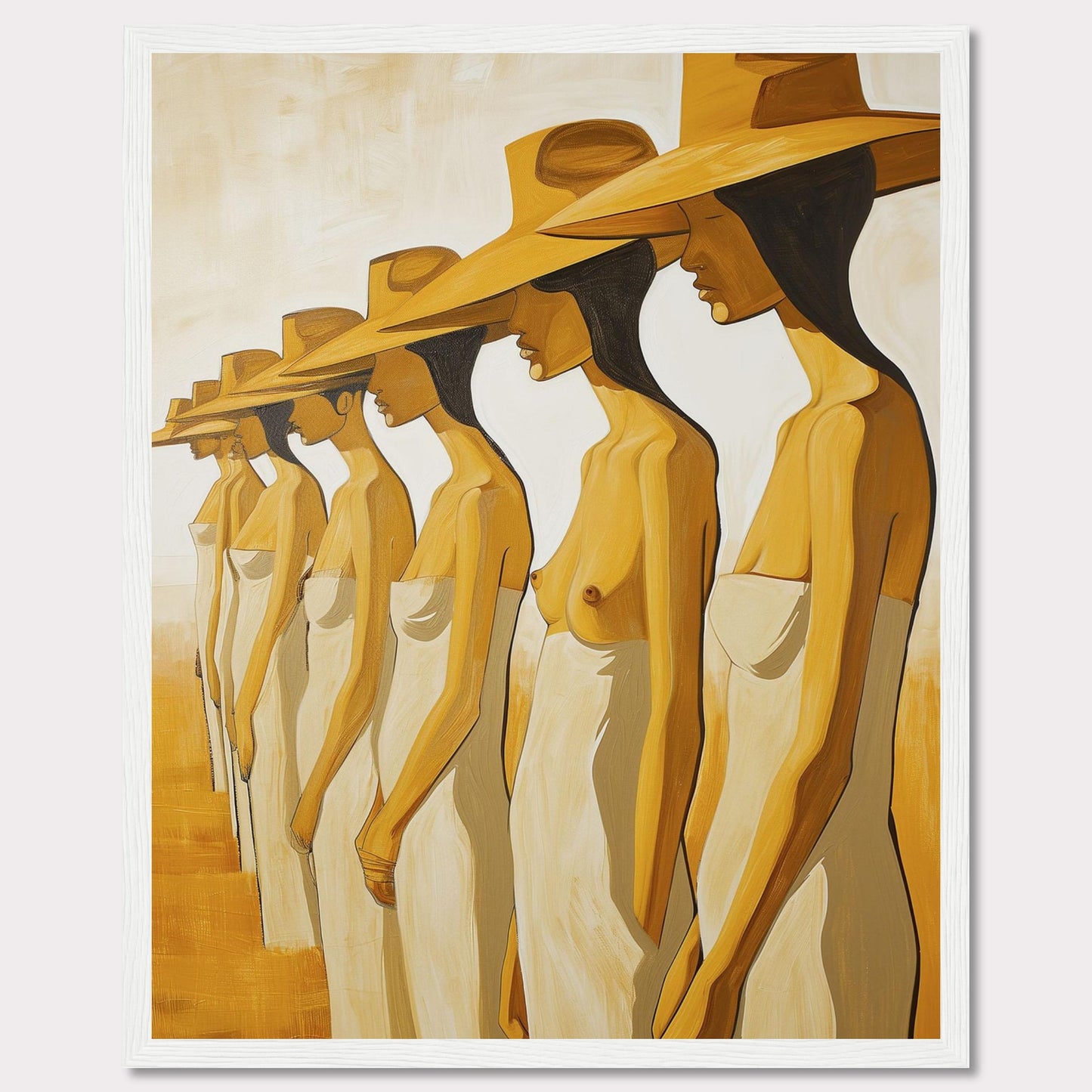 This striking artwork features a row of women standing in profile, each wearing a large hat and draped in a simple cloth. The painting captures a sense of unity and individuality through its minimalist style and warm color palette.