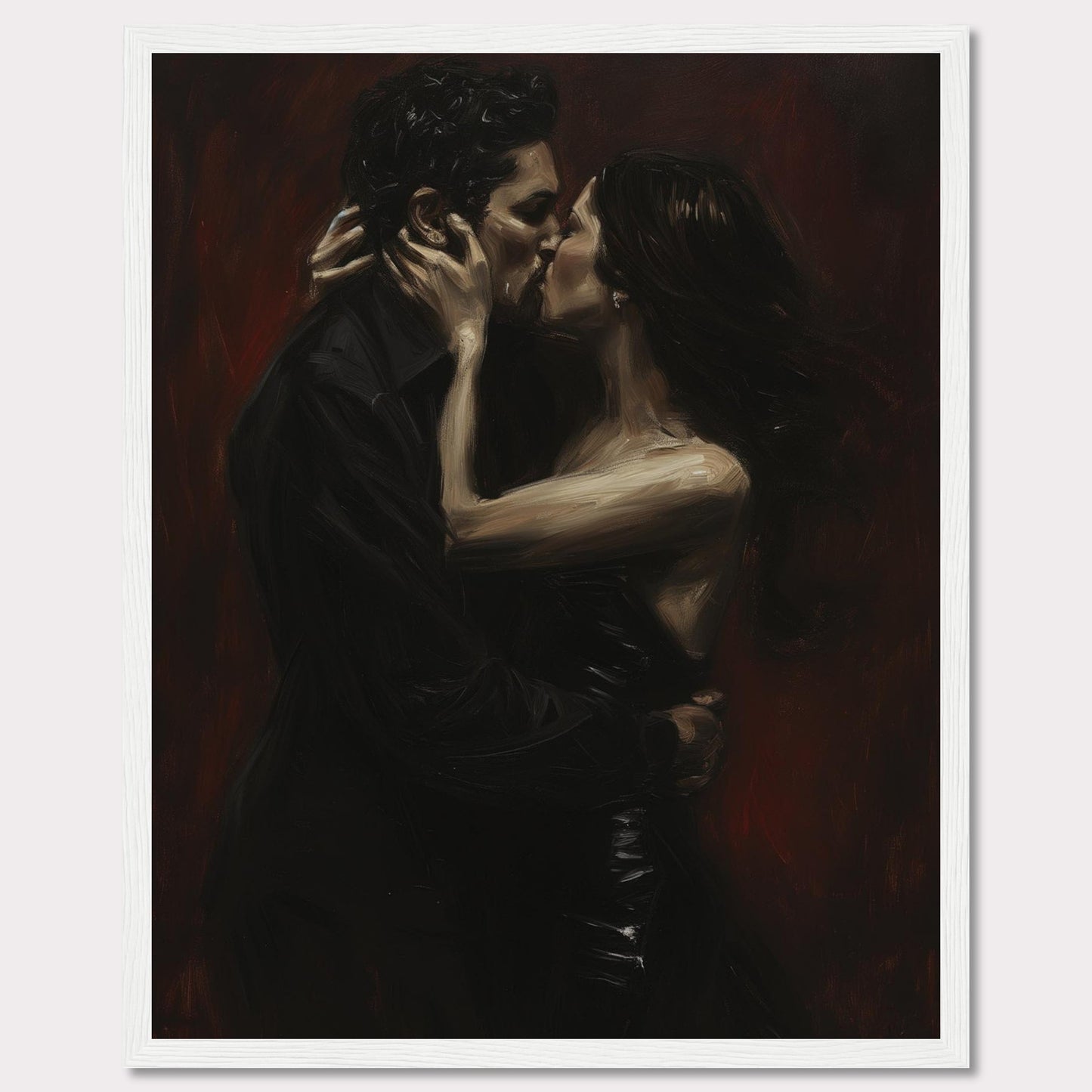 This evocative painting captures an intimate moment of a passionate kiss between two lovers. The dark, rich tones create a dramatic and romantic atmosphere.