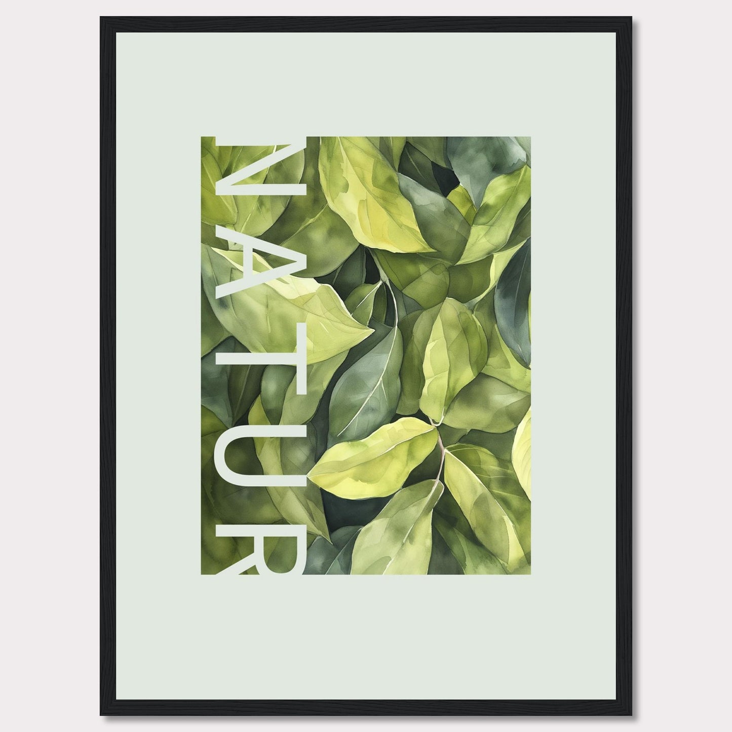 This beautiful framed artwork showcases a lush, green foliage design with the word "NATUR" elegantly integrated into the composition. The vibrant leaves create a refreshing and calming visual experience.