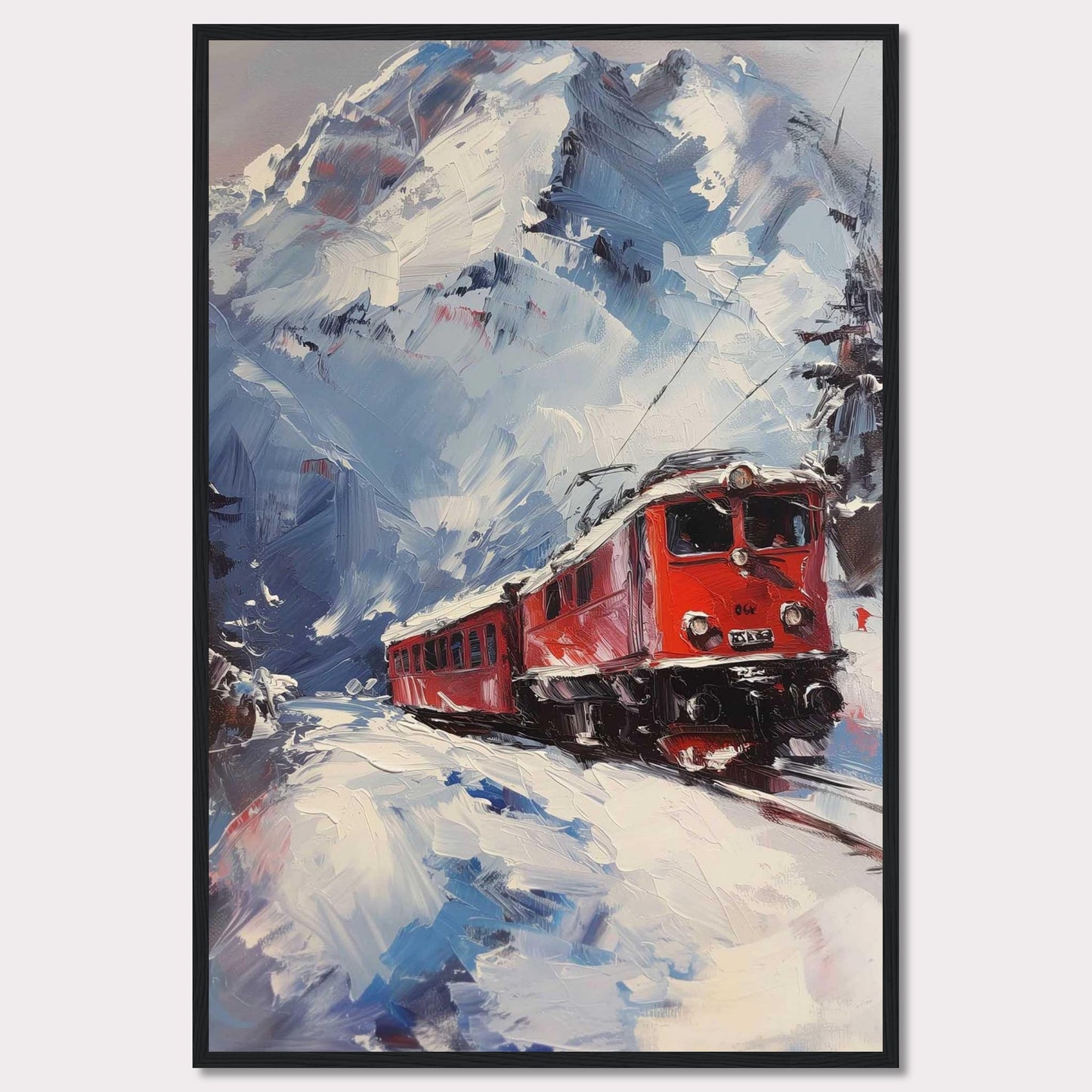 This stunning painting captures a vibrant red train journeying through a snowy mountain landscape. The dynamic brushstrokes convey the movement and energy of the scene, while the towering snow-covered peaks create a breathtaking backdrop.