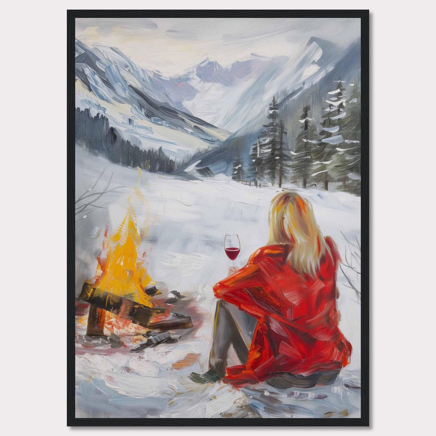 This painting captures a serene winter scene where a person in a red coat sits by a campfire, enjoying a glass of wine amidst a snowy landscape. The backdrop features majestic snow-covered mountains and evergreen trees.