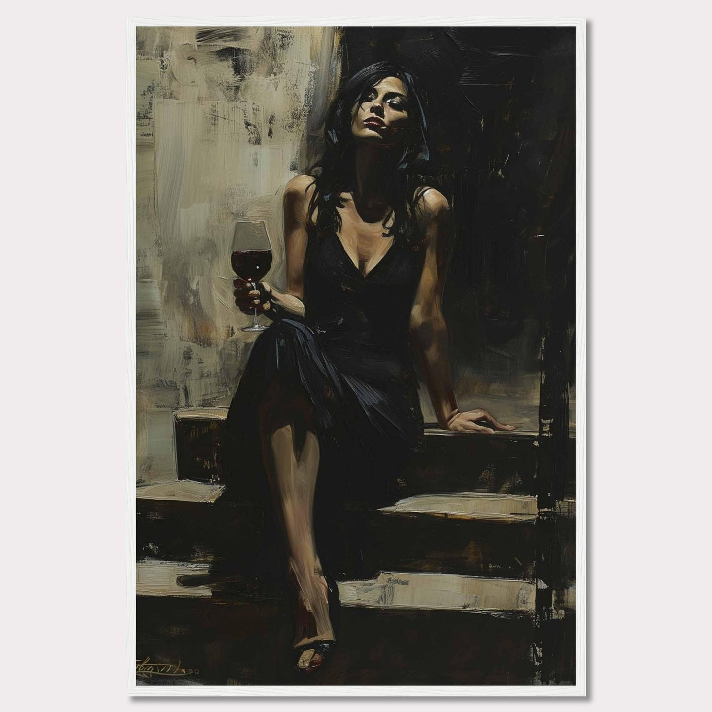 This captivating painting depicts a woman in an elegant black dress, seated on a set of steps. She holds a glass of red wine, exuding confidence and sophistication. The dark, moody background contrasts with her poised demeanor, creating a sense of intrigue and allure.