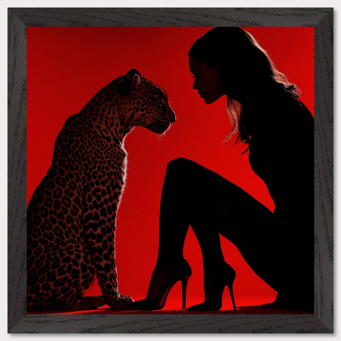 This illustration depicts a silhouette of a woman and a leopard against a vibrant red background. The woman is wearing high heels and is in a kneeling position, facing the leopard. The scene creates a dramatic and intense atmosphere through the use of contrasting colors and shadow play.