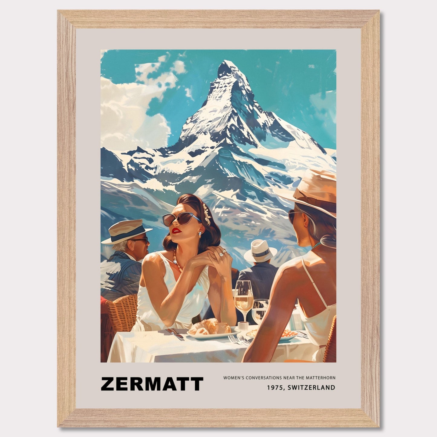 This poster showcases an elegant and nostalgic scene set in Zermatt, Switzerland, against the breathtaking backdrop of the Matterhorn. The image captures a sophisticated moment of leisure, where well-dressed individuals enjoy a luxurious outdoor meal, embodying the glamour of 1975.