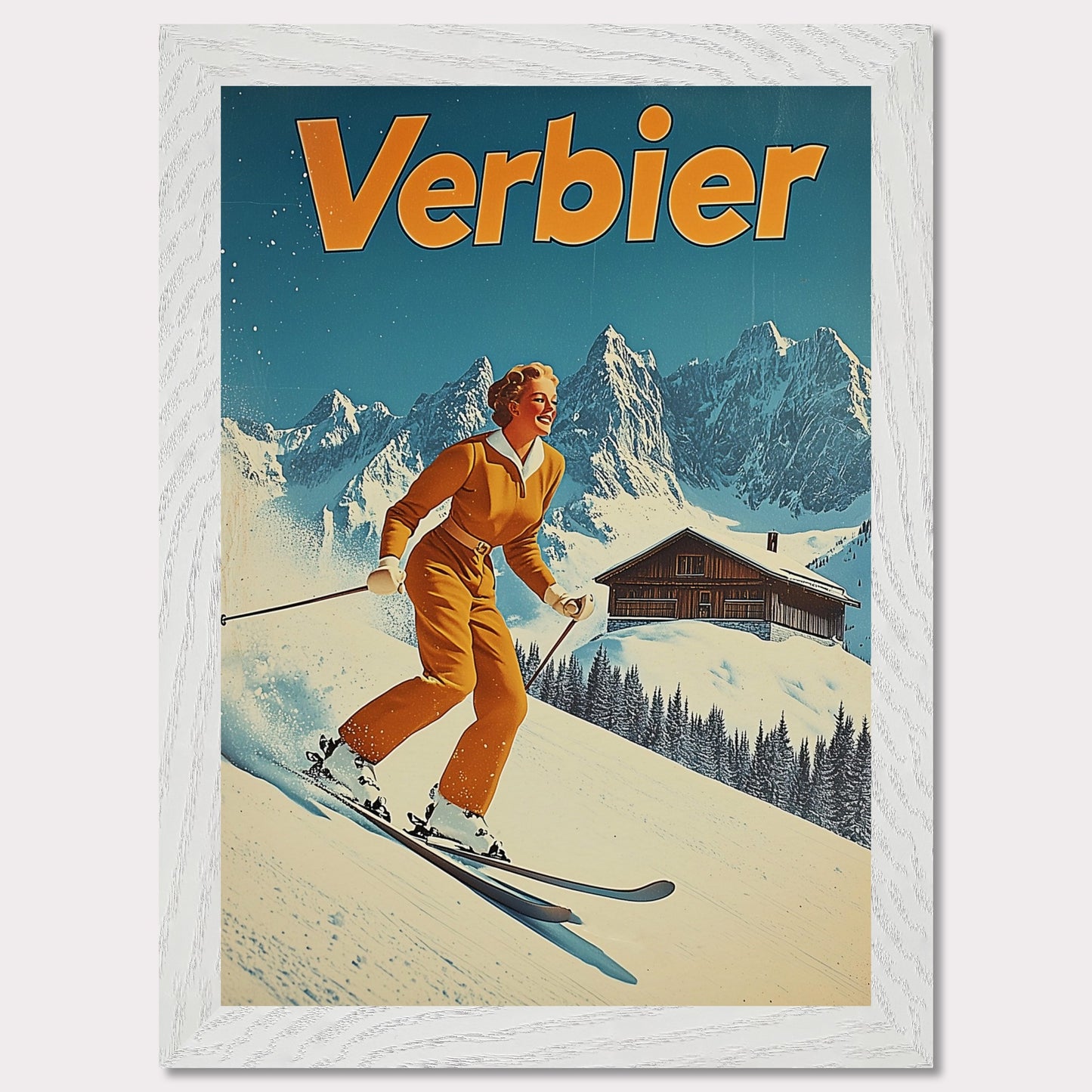 This vibrant retro poster features a cheerful skier dressed in a classic orange ski outfit, gliding down the pristine slopes of Verbier. Behind her, a picturesque alpine chalet sits amidst snow-covered peaks, with a bright blue sky completing the idyllic scene. The bold typography and clean lines enhance the nostalgic charm, inviting viewers to experience the joys of skiing in Verbier.