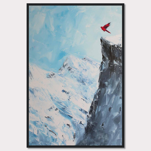 This stunning artwork captures a vibrant red bird soaring above a majestic snow-covered mountain peak, set against a serene blue sky. The contrast between the vivid bird and the icy landscape creates a striking visual impact.