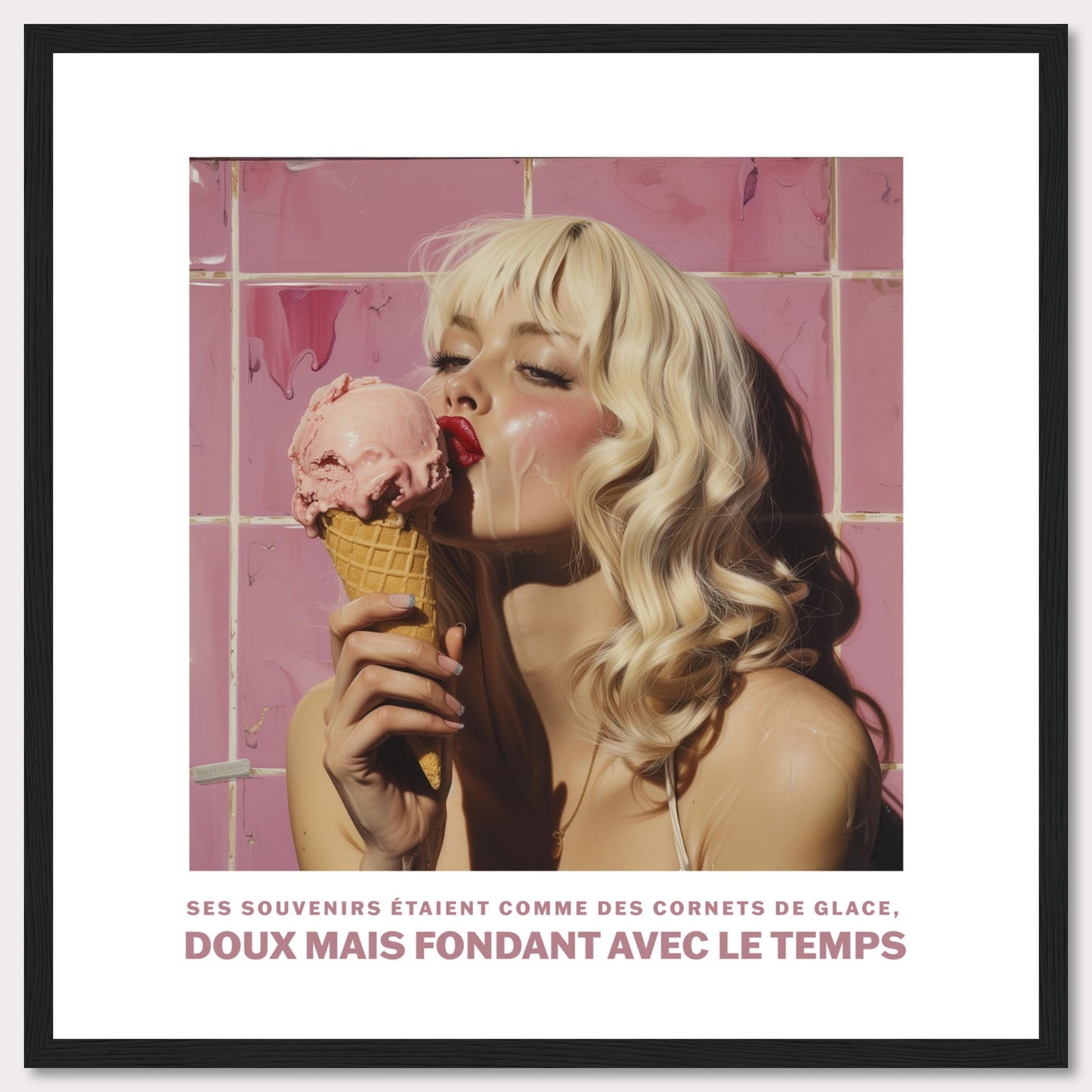 This image features a woman with blonde hair enjoying a pink ice cream cone against a backdrop of pink tiles. The text at the bottom reads: "Ses souvenirs étaient comme des cornets de glace, doux mais fondant avec le temps," which translates to "Her memories were like ice cream cones, sweet but melting with time."