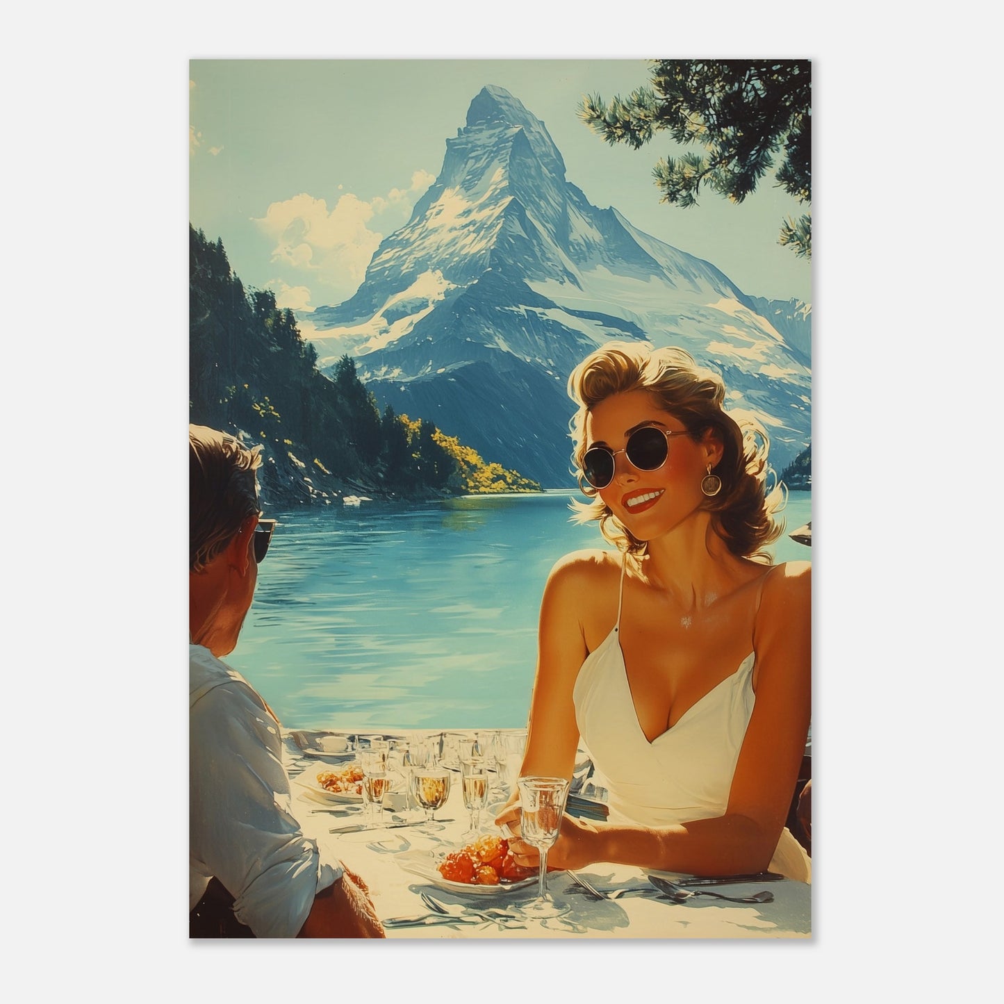 This illustration depicts a scenic outdoor dining setting by a lake with snowy mountains in the background. A woman in sunglasses and a white dress is smiling while holding a glass, and a man is sitting across from her.