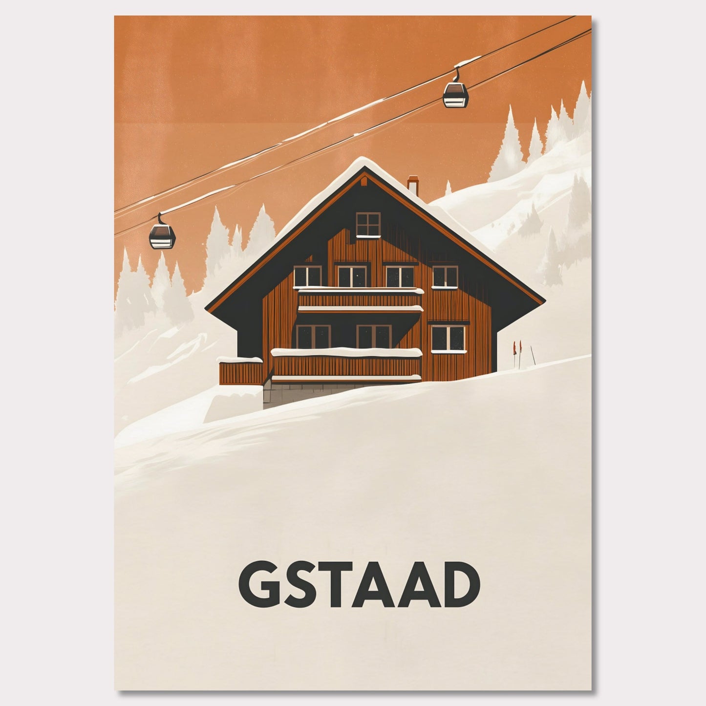 A warm, inviting scene of a traditional Swiss chalet surrounded by snowy slopes. A cable car ascends into the distance, emphasizing the region’s skiing culture and cozy mountain retreat.