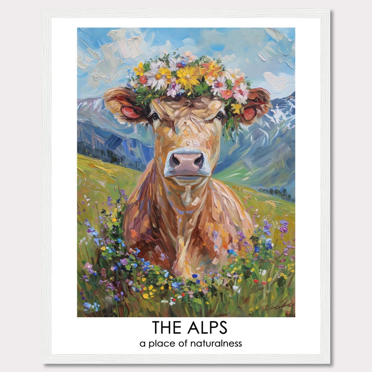 This vibrant artwork depicts a cow adorned with a colorful flower crown, set against the stunning backdrop of the Alps. The painting captures the essence of natural beauty and tranquility.