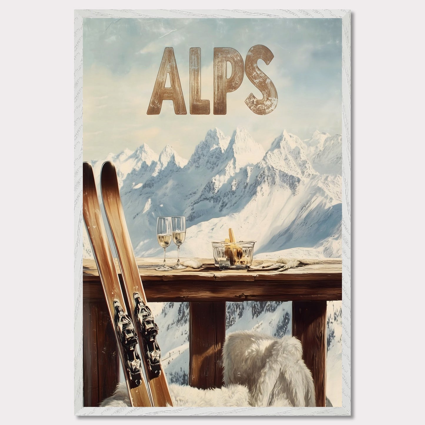 This vibrant poster captures the charm of après-ski culture with a rustic wooden terrace overlooking snow-covered mountains. The warm textures of fur throws and the elegant wine glasses create an inviting post-ski ambiance.