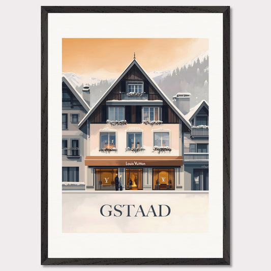 A chic and stylish poster showcasing a luxury boutique in Gstaad, framed by elegant alpine architecture. The blend of modern sophistication and traditional Swiss charm creates a timeless appeal.