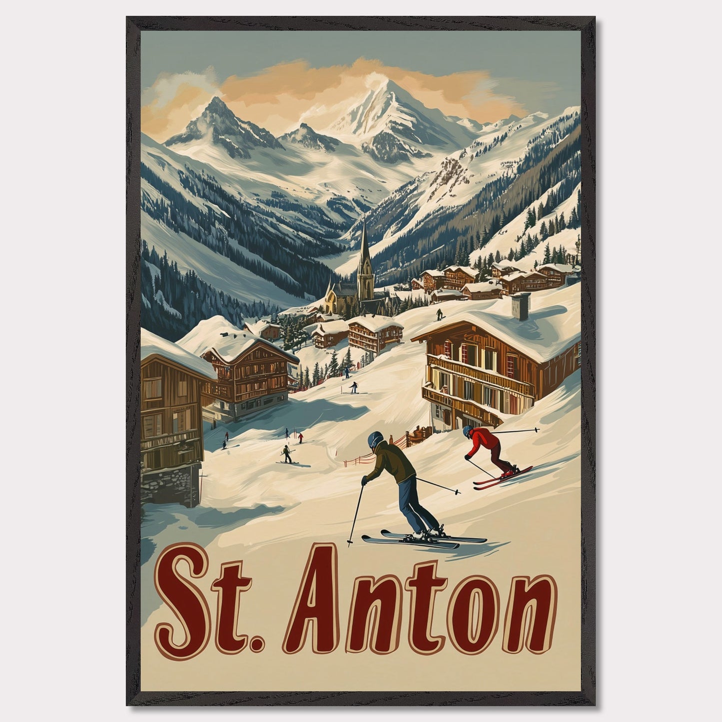 This captivating poster showcases the thrill of skiing in St. Anton, with a group of skiers carving through the fresh powder beneath the dramatic peaks of the Alps. The background features a picturesque village of wooden chalets nestled among the snow, while the rich retro colors and typography emphasize the adventurous spirit of St. Anton as a premier ski destination. The poster evokes both the excitement of the slopes and the warmth of alpine hospitality.