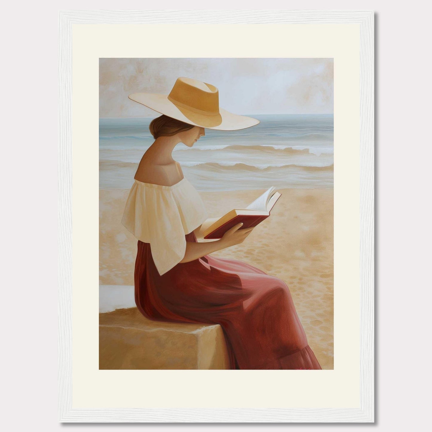 This serene painting depicts a woman sitting by the beach, engrossed in a book. She wears a wide-brimmed hat and a flowing dress, with the ocean waves gently rolling in the background.