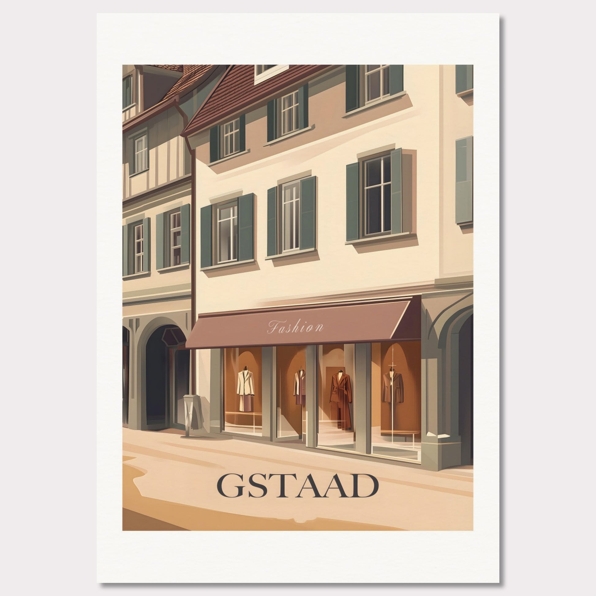 A stylish poster capturing the elegant shopping experience in Gstaad. The charming streets lined with high-end boutiques create an atmosphere of exclusivity and sophistication.