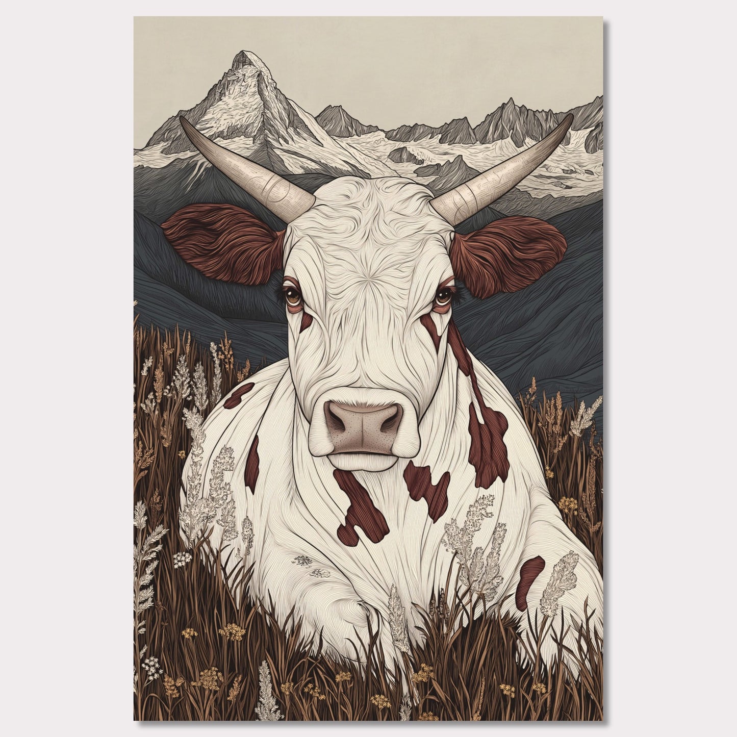 This beautifully detailed poster portrays a tranquil scene of alpine life with a focus on the harmonious connection between nature and animals. A striking cow with intricate features gazes directly at the viewer, creating a sense of intimacy, while the majestic Matterhorn looms in the background. The combination of soft earth tones and delicate linework evokes a rustic yet modern aesthetic.