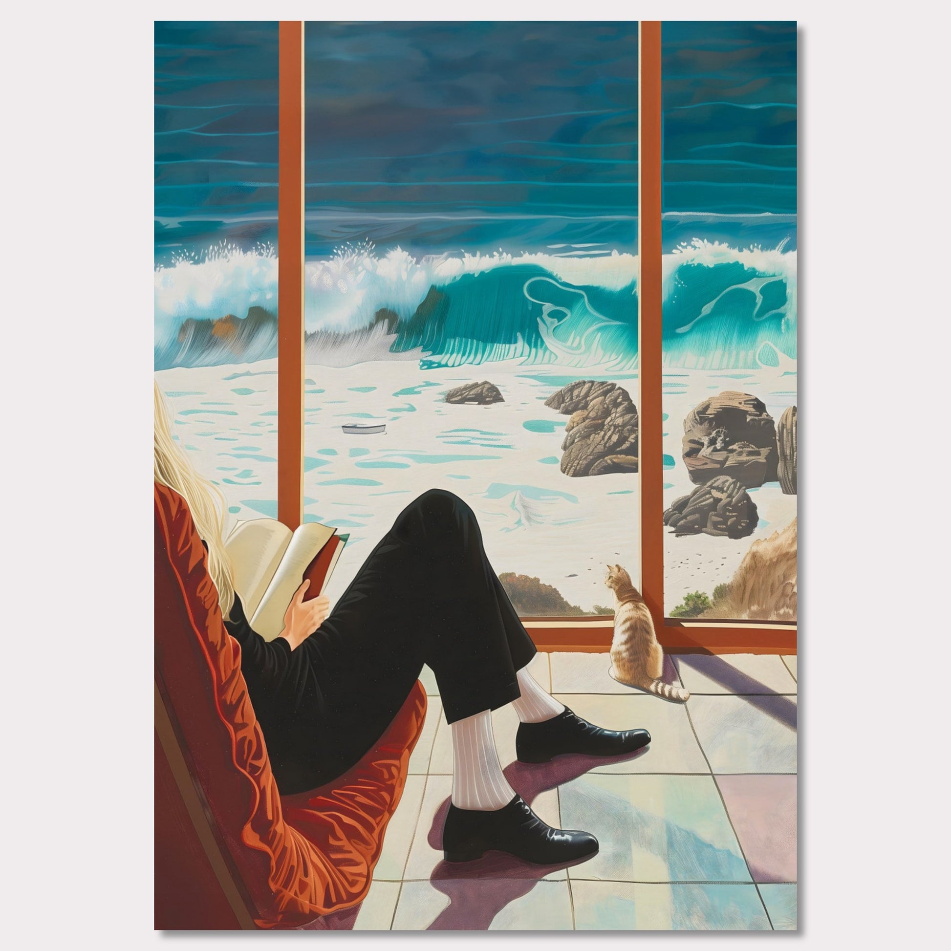 This captivating artwork depicts a serene scene where a person is sitting comfortably by a large window, reading a book. Outside, the ocean waves crash against the rocky shore, creating a mesmerizing view. A cat sits by the window, also gazing at the beautiful seascape.