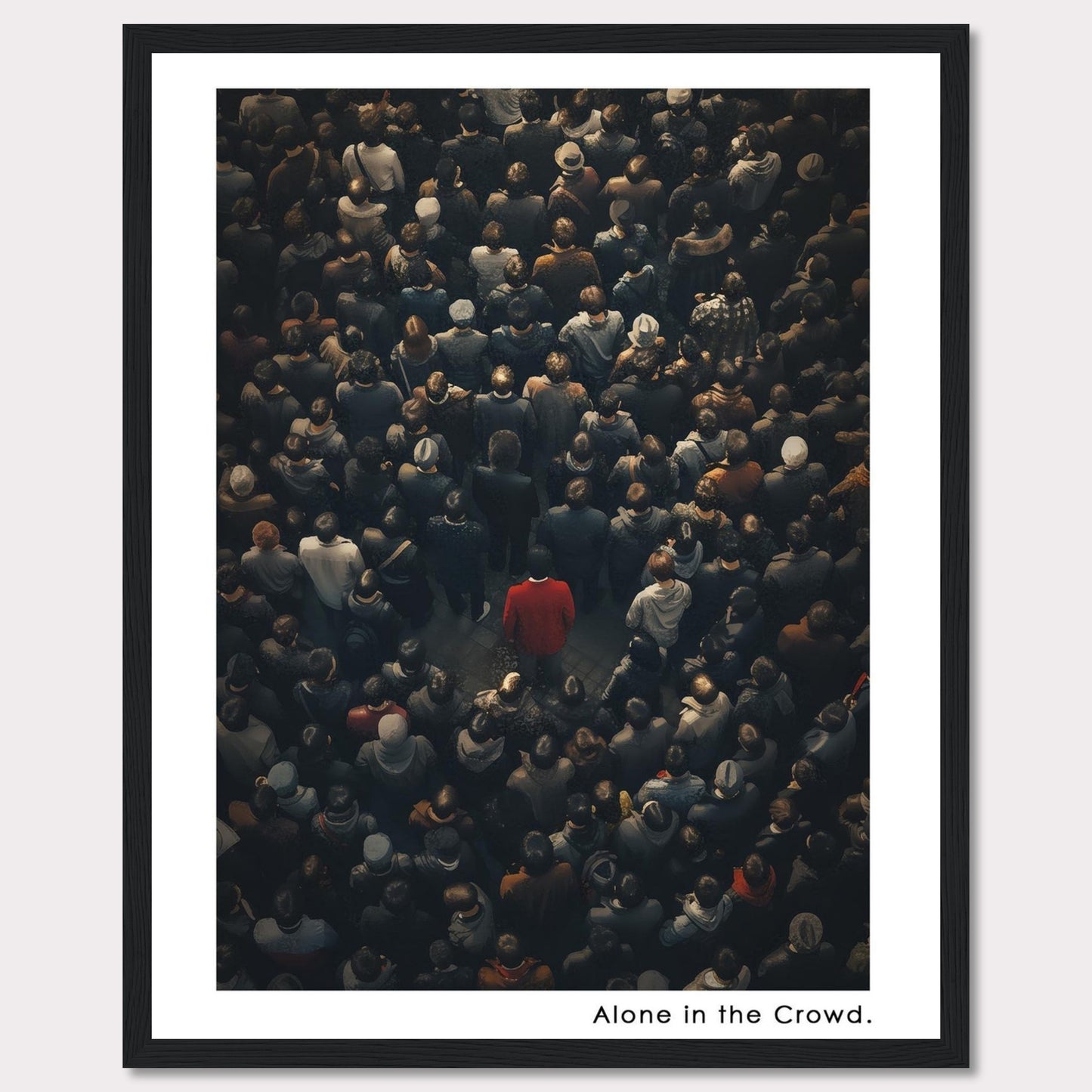 This image depicts a lone individual in a red coat standing amidst a dense crowd of people, all dressed in darker colors. The contrast highlights the feeling of isolation despite being surrounded by others.