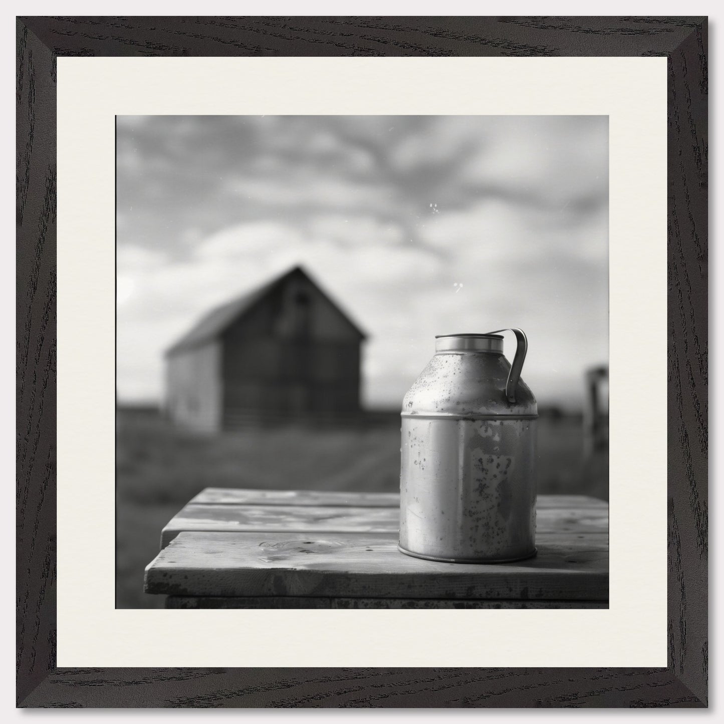 This is a black and white illustration showing a rustic scene. The focus is on an old metal milk can placed on a wooden table, with a blurred barn in the background under a cloudy sky.