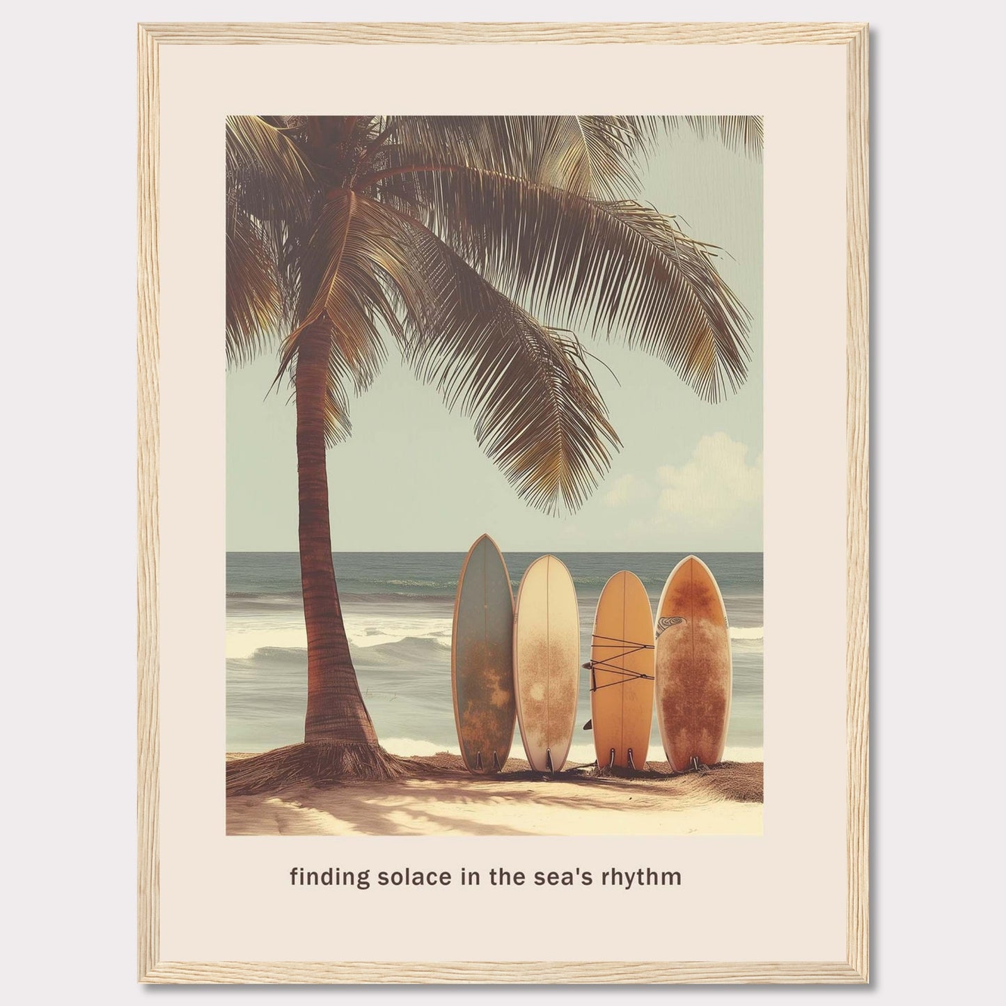 This image captures a serene beach scene with surfboards resting against a palm tree, inviting you to find peace in the ocean's rhythm.