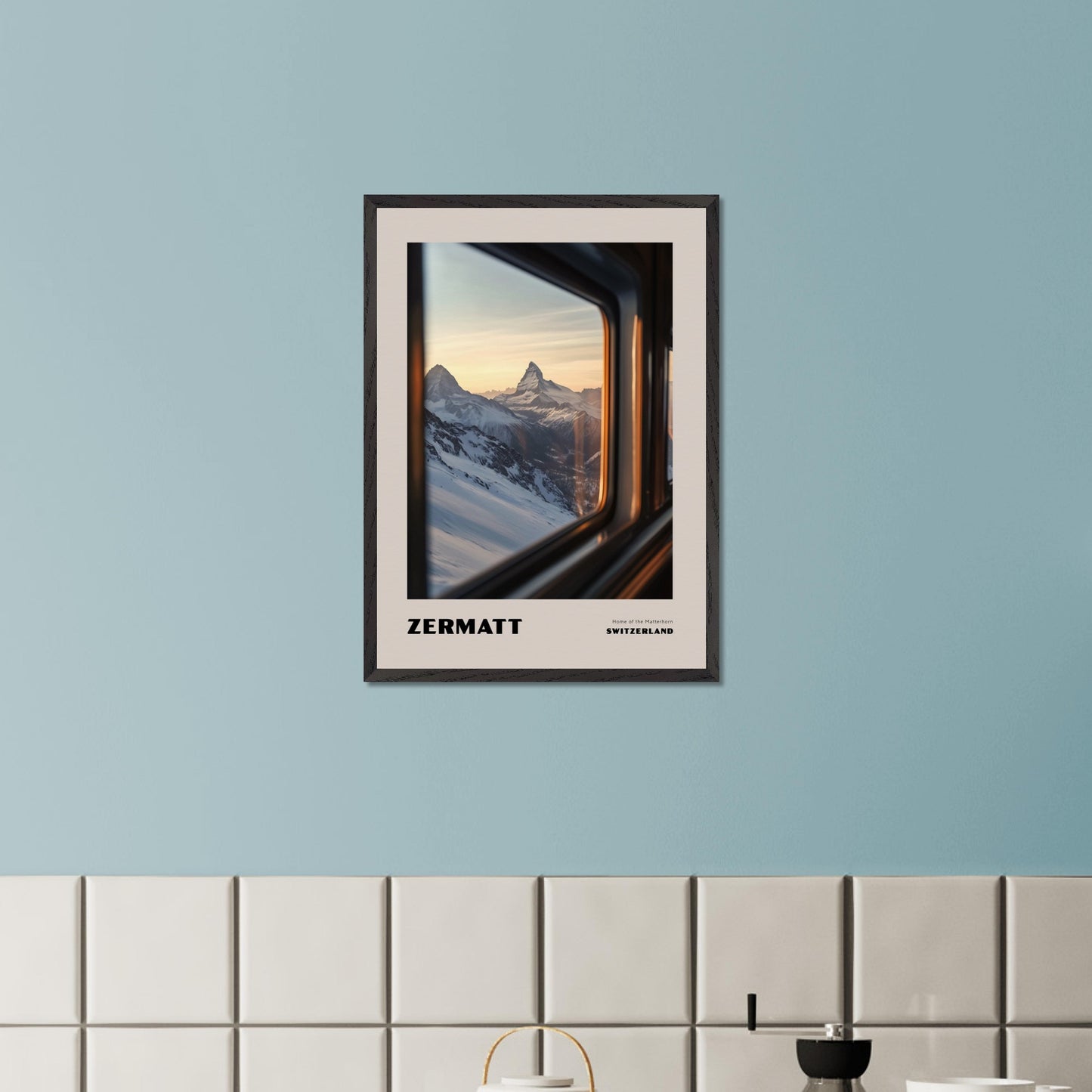 This poster features one of Switzerland’s most iconic symbols – the Matterhorn, proudly rising above the snowy slopes. The view from a train or gondola window creates a travel-like experience, while the soft sunset light adds an enchanting glow to the scenery.