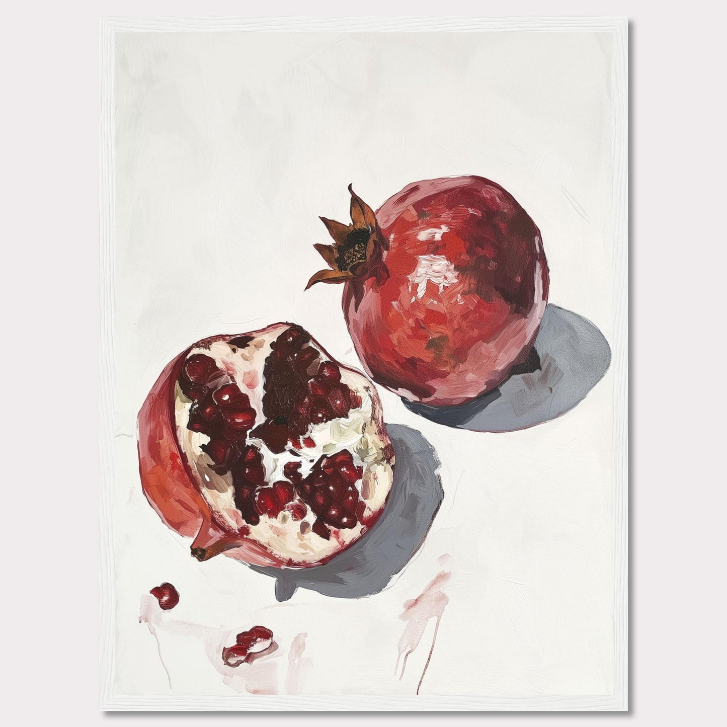 This captivating artwork features a detailed painting of two pomegranates, one whole and one halved, showcasing the vibrant red seeds. The minimalist background highlights the rich colors and textures of the fruit, making it a striking piece for any space.