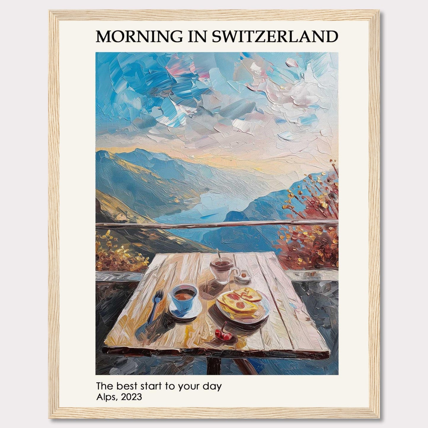 A serene morning in the Swiss Alps is depicted in this beautiful painting. The image showcases a wooden table set with a delightful breakfast, including coffee and pastries, against the backdrop of majestic mountains and a vibrant sky.