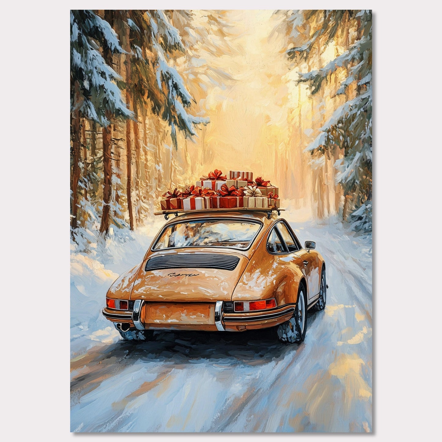 This festive poster showcases a yellow Porsche navigating a snow-covered path with holiday presents stacked on its roof. The warm glow from the trees lining the road creates a magical winter scene, while the "Merry Christmas" typography evokes the warmth and joy of the holiday season. The combination of sleek design and a peaceful winter landscape makes this a perfect holiday greeting.