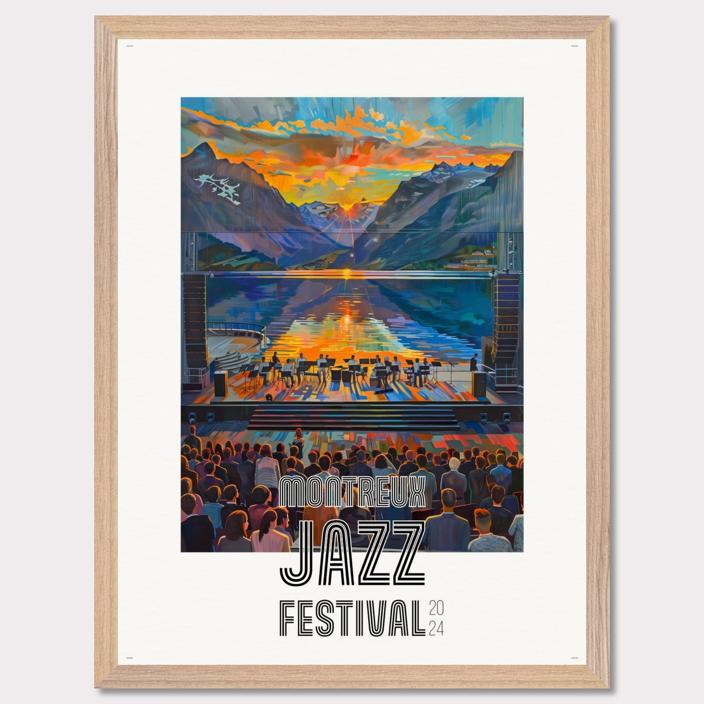 This vibrant poster showcases the Montreux Jazz Festival 2024. The image captures a stunning sunset over a serene lake surrounded by mountains, with a jazz band performing on an outdoor stage. The audience is depicted enjoying the music, creating a lively and engaging atmosphere.