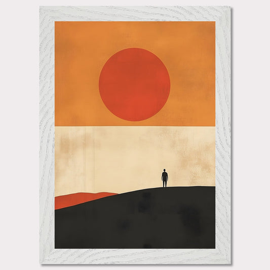 A striking minimalist artwork that conveys a sense of isolation and reflection. A lone figure stands on a hill under an oversized sun, evoking themes of wanderlust, contemplation, and the vastness of the world. The warm tones and simple composition give it a timeless, meditative feel.