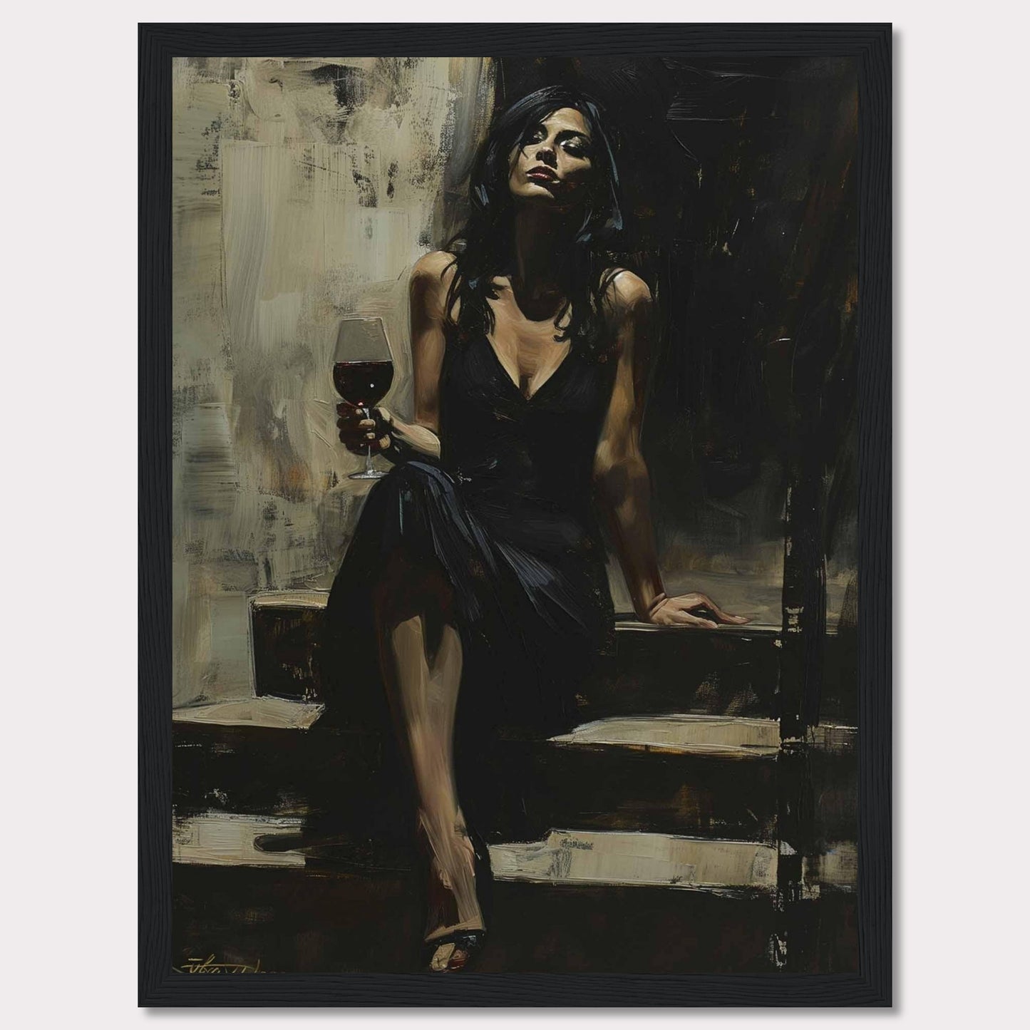 This captivating painting depicts a woman in an elegant black dress, seated on a set of steps. She holds a glass of red wine, exuding confidence and sophistication. The dark, moody background contrasts with her poised demeanor, creating a sense of intrigue and allure.