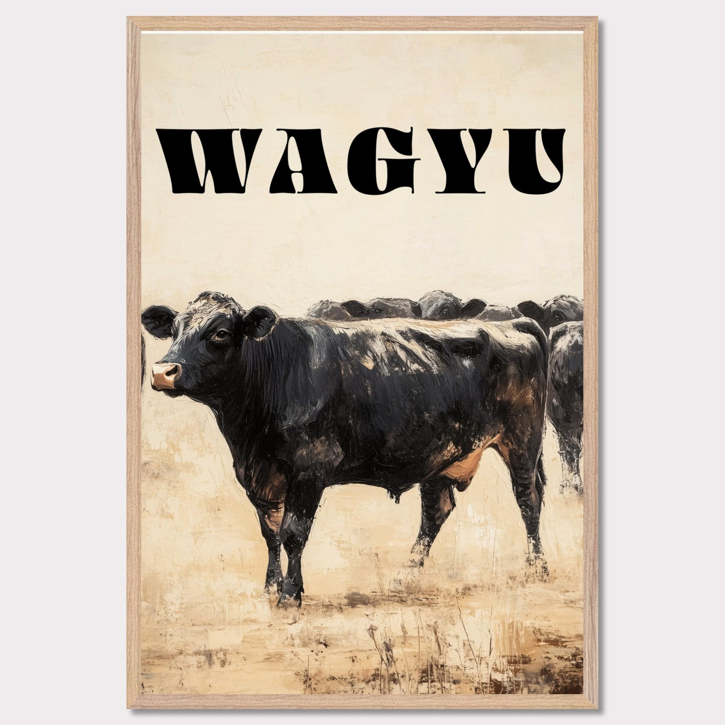 This image features a striking illustration of a Wagyu cow standing prominently in the foreground. The word "WAGYU" is boldly displayed at the top in large, black letters. The background shows more cows, adding depth to the scene.