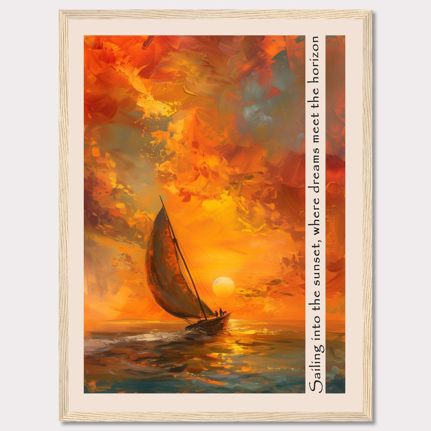 This captivating artwork depicts a sailboat gliding through the vibrant hues of a sunset, where the sky meets the sea in a harmonious blend of colors. The painting's warm tones evoke a sense of tranquility and adventure.