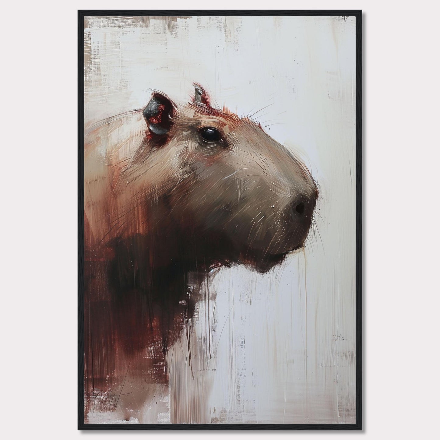 This image showcases a striking painting of a capybara, rendered in a modern, abstract style. The artwork features bold brush strokes and a muted color palette, with the capybara's head turned slightly to the side.