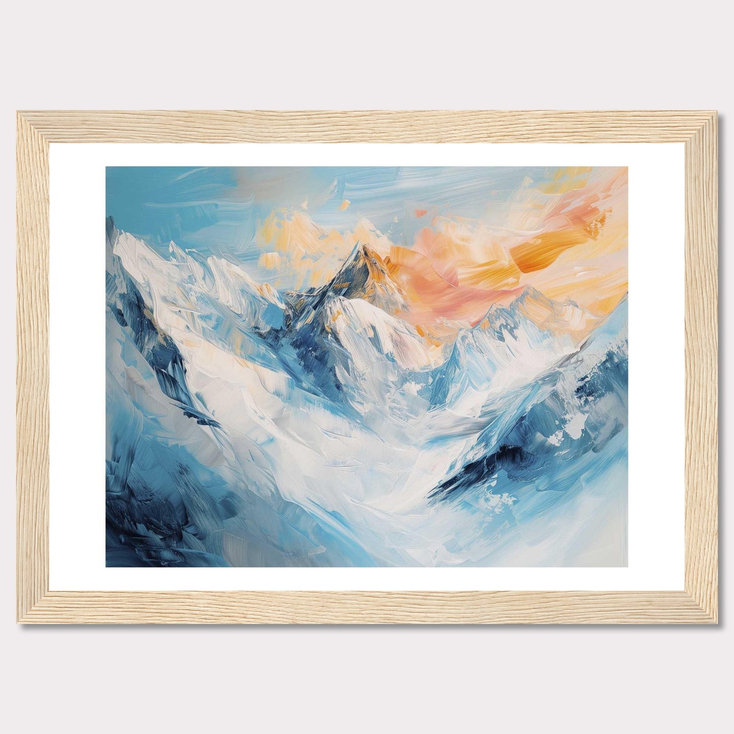 This image showcases a stunning painting of a mountain landscape, capturing the serene beauty of snow-covered peaks bathed in the warm hues of a setting sun.