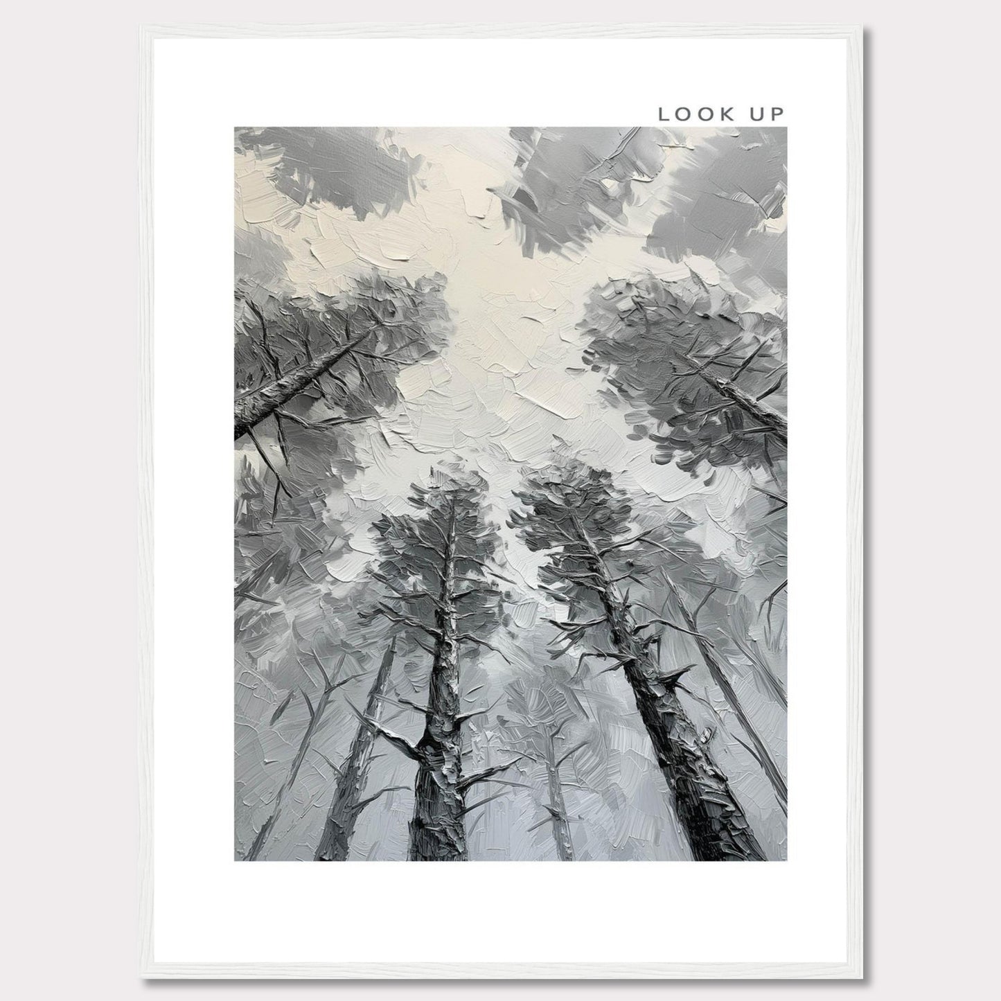 ae6b529b-baThis image depicts an artistic rendering of tall trees viewed from the ground looking up, creating a sense of depth and wonder. The artwork is framed in black with the words "LOOK UP" at the top right corner.204-4b52-bb8d-0425670ee7f2