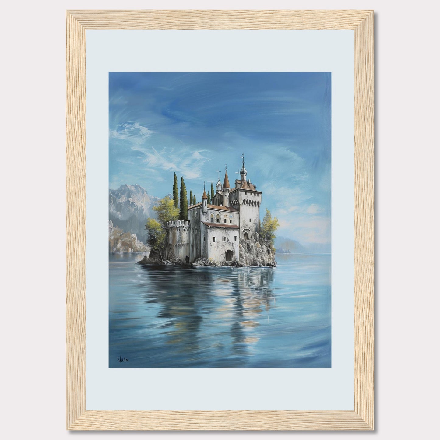 This stunning painting captures the serene beauty of a majestic castle perched on a small island, surrounded by calm waters. The scene is set against a backdrop of distant mountains and a clear blue sky, evoking a sense of tranquility and wonder.