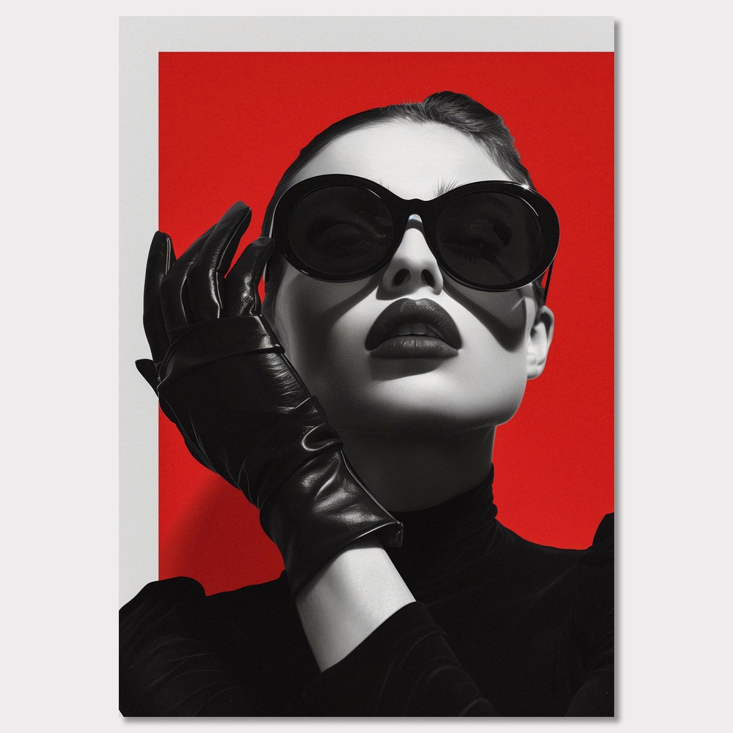 This striking black and white portrait features a stylish woman against a bold red background. Her look is accentuated by oversized sunglasses, dark lipstick, and sleek leather gloves, exuding an air of mystery and sophistication.