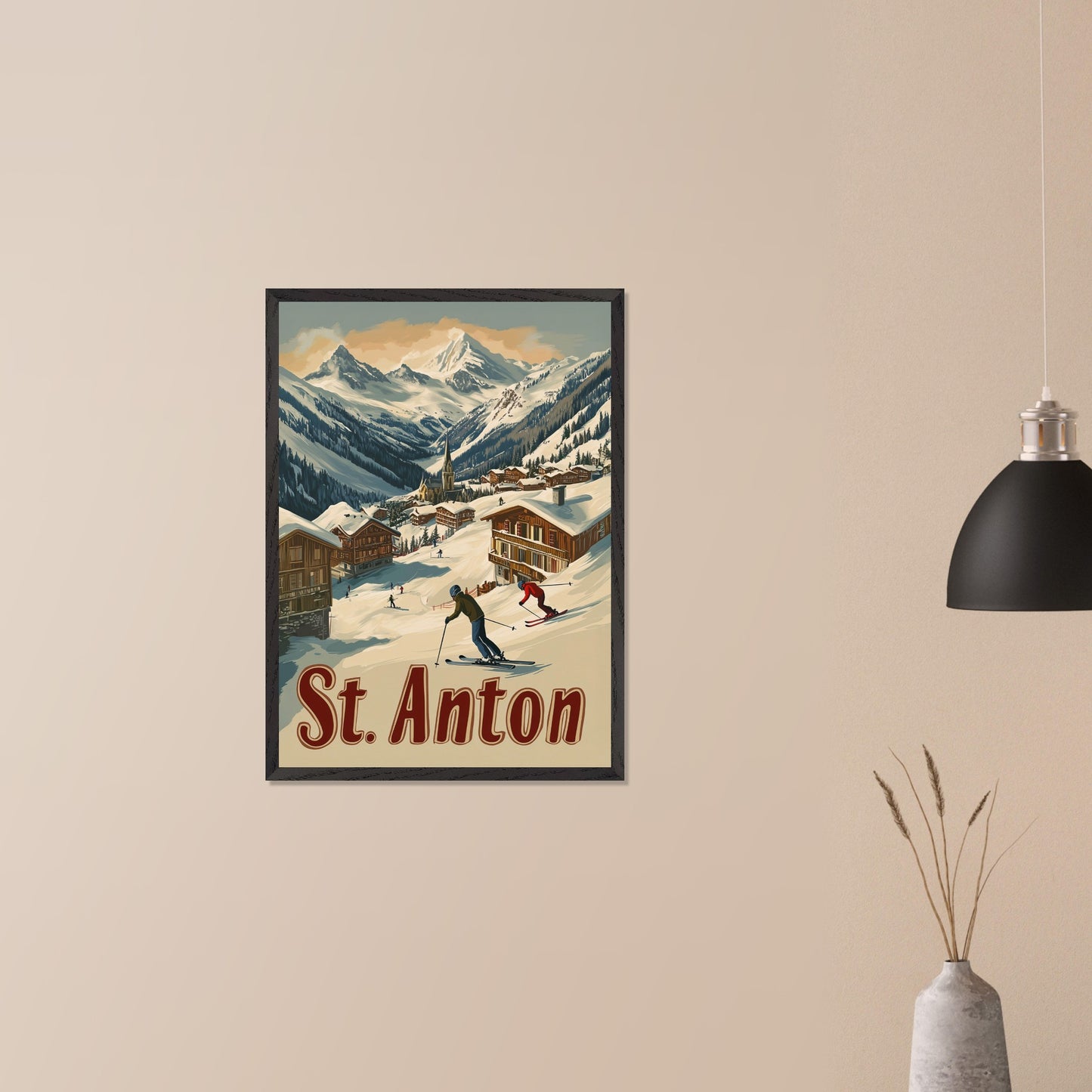 This captivating poster showcases the thrill of skiing in St. Anton, with a group of skiers carving through the fresh powder beneath the dramatic peaks of the Alps. The background features a picturesque village of wooden chalets nestled among the snow, while the rich retro colors and typography emphasize the adventurous spirit of St. Anton as a premier ski destination. The poster evokes both the excitement of the slopes and the warmth of alpine hospitality.