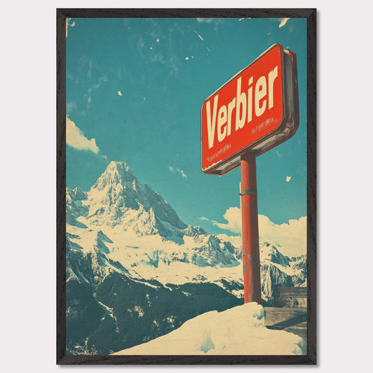 This striking retro-style poster showcases the iconic "Verbier" sign against the backdrop of towering snow-covered peaks and a bright blue sky. The rustic sign, partially worn by time, perfectly complements the expansive, untouched wilderness of the Swiss Alps. The vintage color palette and texture evoke a sense of nostalgia, capturing the allure of Verbier as a timeless destination for adventure and escape into nature’s beauty.