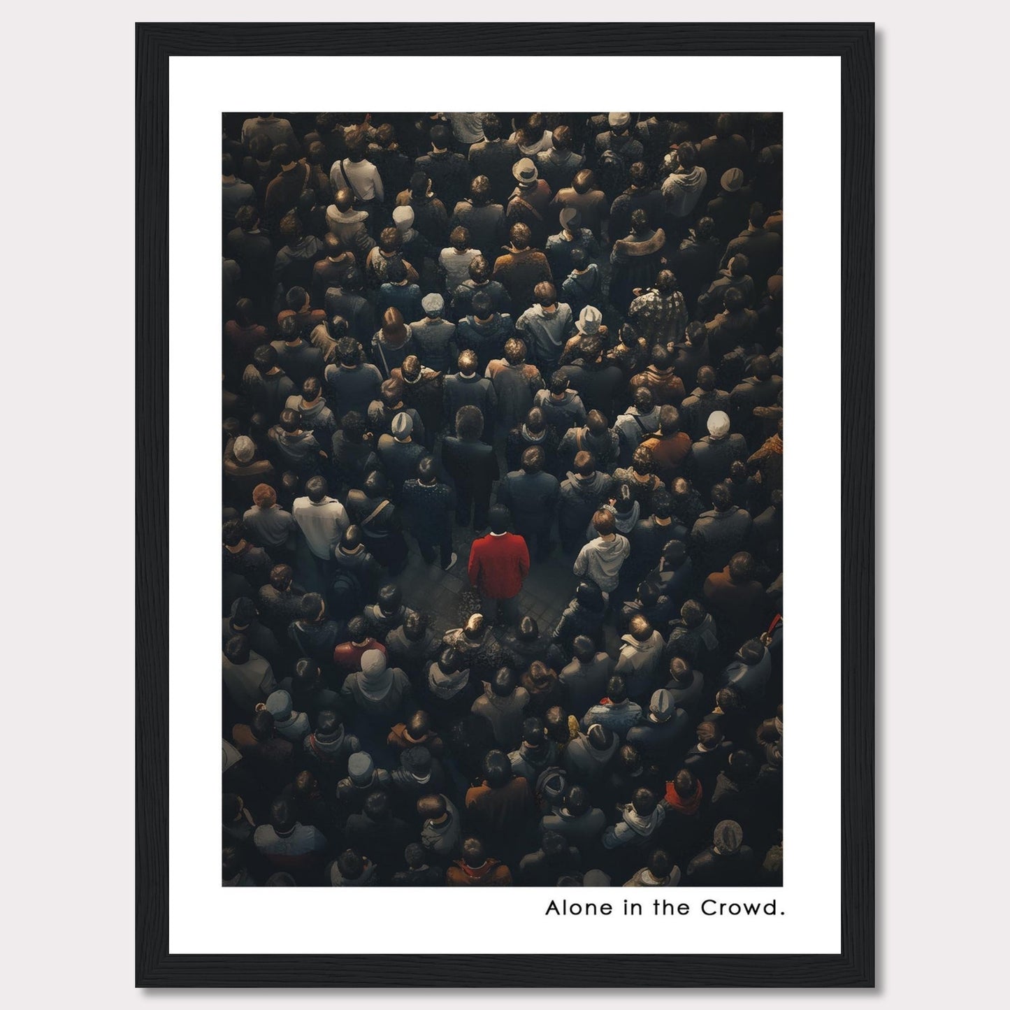 This image depicts a lone individual in a red coat standing amidst a dense crowd of people, all dressed in darker colors. The contrast highlights the feeling of isolation despite being surrounded by others.