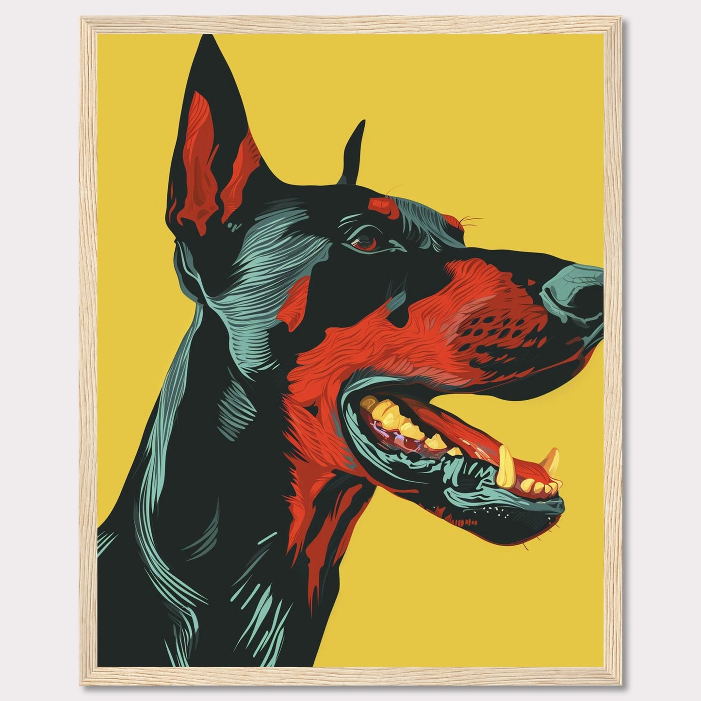 This vibrant artwork features a striking, stylized portrait of a Doberman against a bold yellow background. The detailed illustration showcases the dog's fierce expression with vivid red and black hues, emphasizing its strong and dynamic presence. The piece is framed in a sleek black border, enhancing its modern aesthetic.