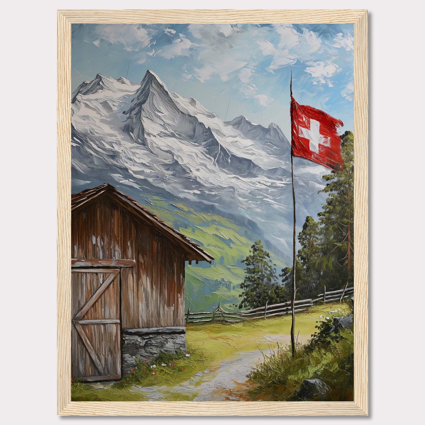 This image depicts a serene mountain scene with a rustic wooden cabin, a Swiss flag fluttering in the breeze, and majestic snow-capped peaks in the background. The lush greenery and clear blue sky add to the tranquil atmosphere.