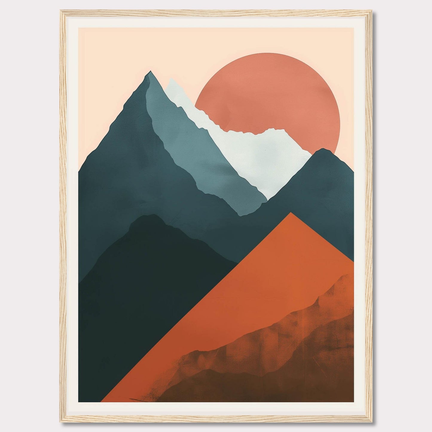 This is a modern, abstract art print featuring a mountain landscape with a large sun setting in the background. The artwork uses bold, contrasting colors to create a striking visual impact.