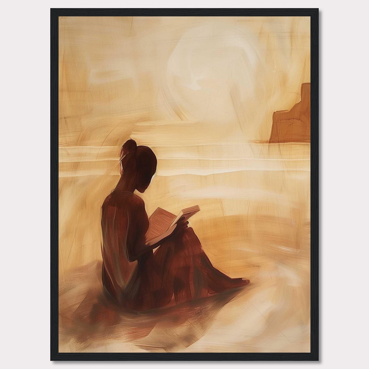 This serene painting captures a solitary figure engrossed in a book, seated on a tranquil beach with the sun setting in the background.