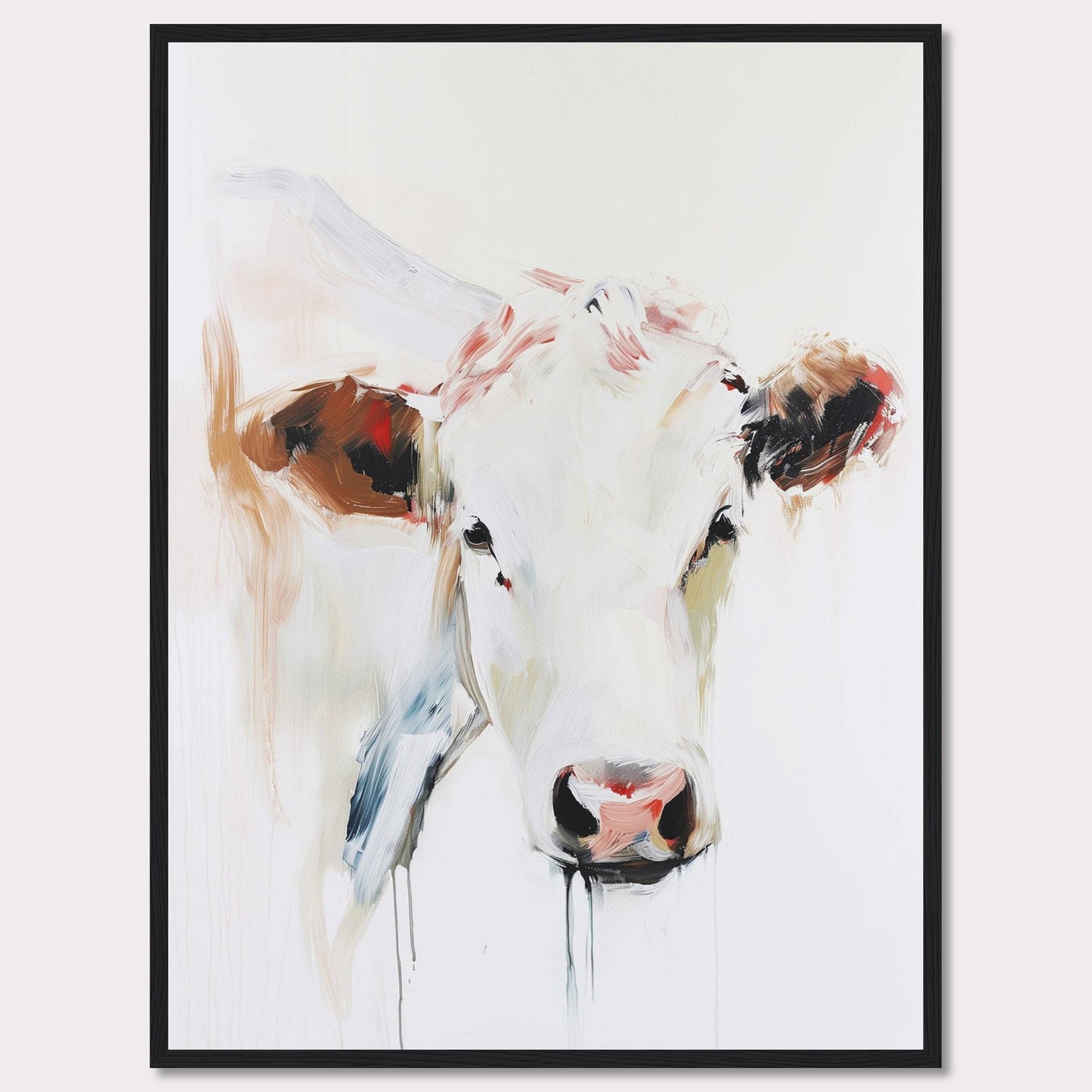 This captivating painting features a close-up of a cow's face, rendered in a modern abstract style. The artwork uses bold brush strokes and a blend of soft and vibrant colors to create a striking visual impact.