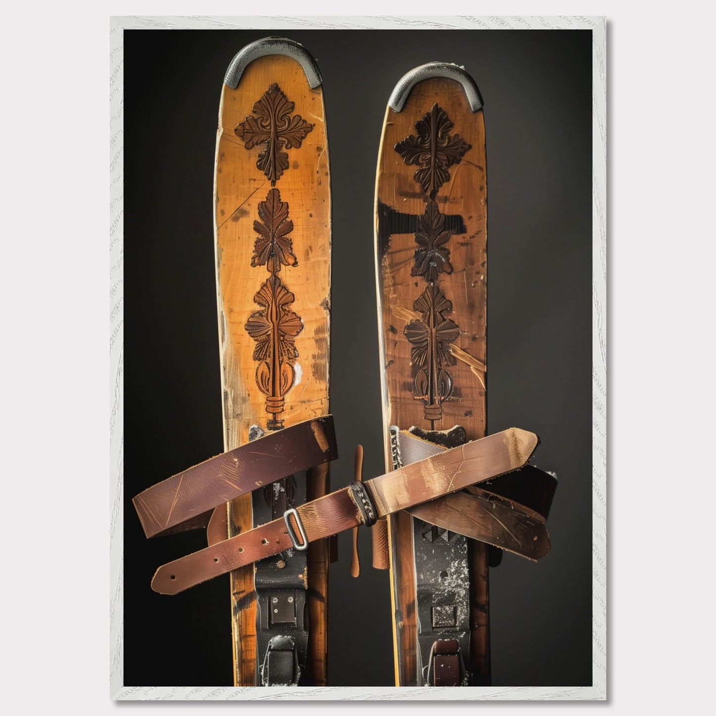 Immerse yourself in the nostalgia of winter sports with this captivating image of vintage wooden skis. These beautifully crafted skis feature intricate carvings and sturdy leather bindings, showcasing the elegance and durability of traditional ski equipment. The worn texture tells a story of countless adventures on snowy slopes. Perfect for ski enthusiasts and lovers of vintage decor alike.