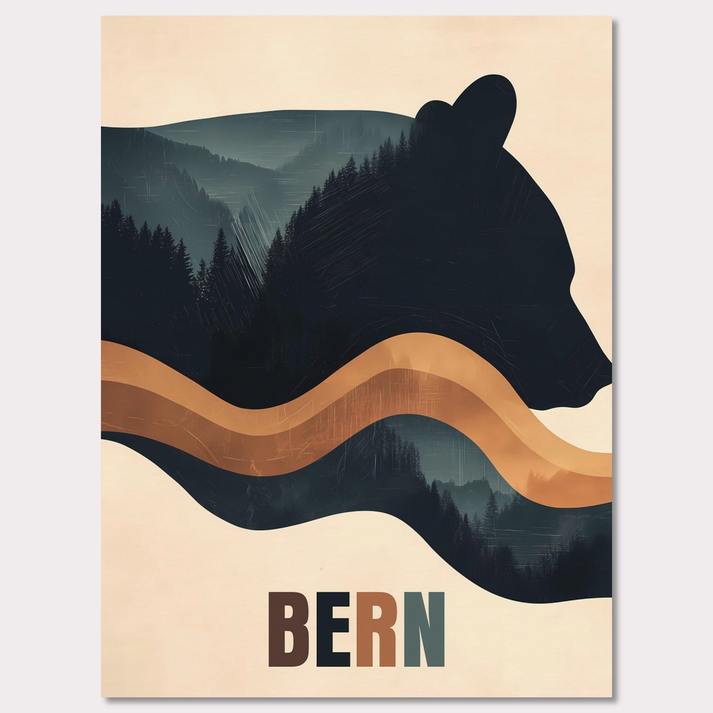 This elegant poster captures the harmony between nature and Bern’s cultural heritage. The silhouette of a bear, the city’s symbol, seamlessly blends with dense forests and flowing lines, creating a sense of tranquility and connection with the surroundings. The minimalist style and warm color palette give the artwork a modern aesthetic.