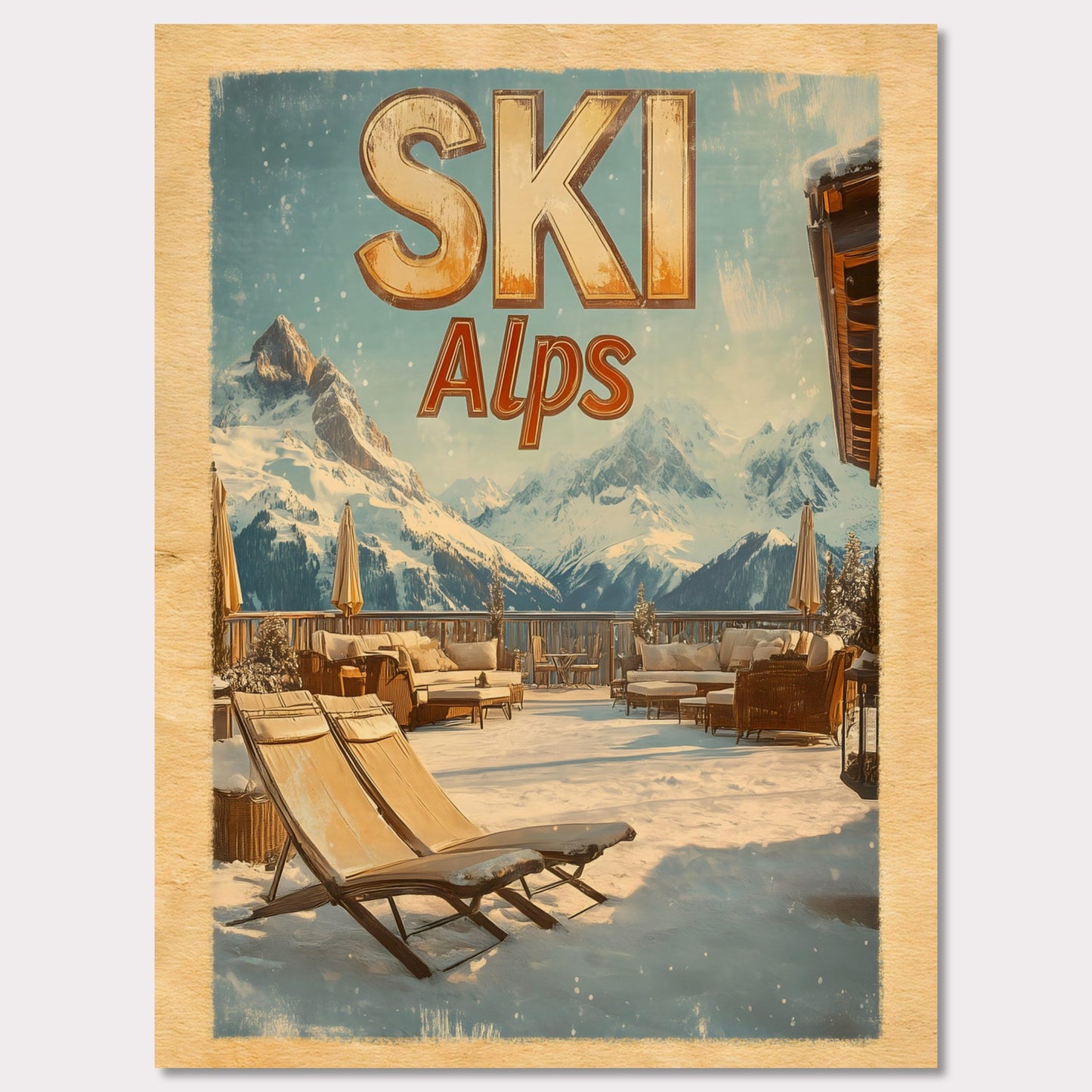 This captivating poster presents a luxurious alpine terrace overlooking majestic snowy peaks. The cozy lounge chairs, wooden railings, and soft golden light create an inviting winter escape. The serene atmosphere and breathtaking views evoke a sense of tranquility and connection to nature.