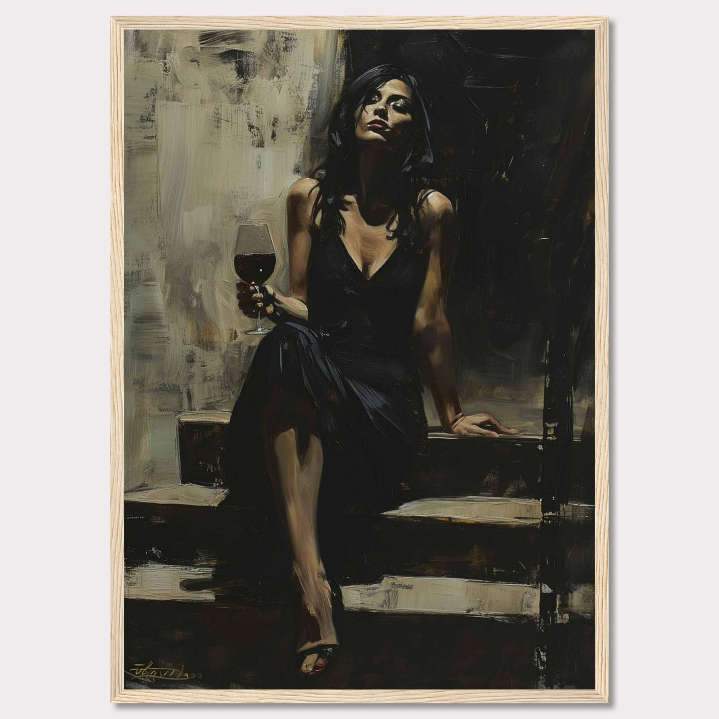 This captivating painting depicts a woman in an elegant black dress, seated on a set of steps. She holds a glass of red wine, exuding confidence and sophistication. The dark, moody background contrasts with her poised demeanor, creating a sense of intrigue and allure.